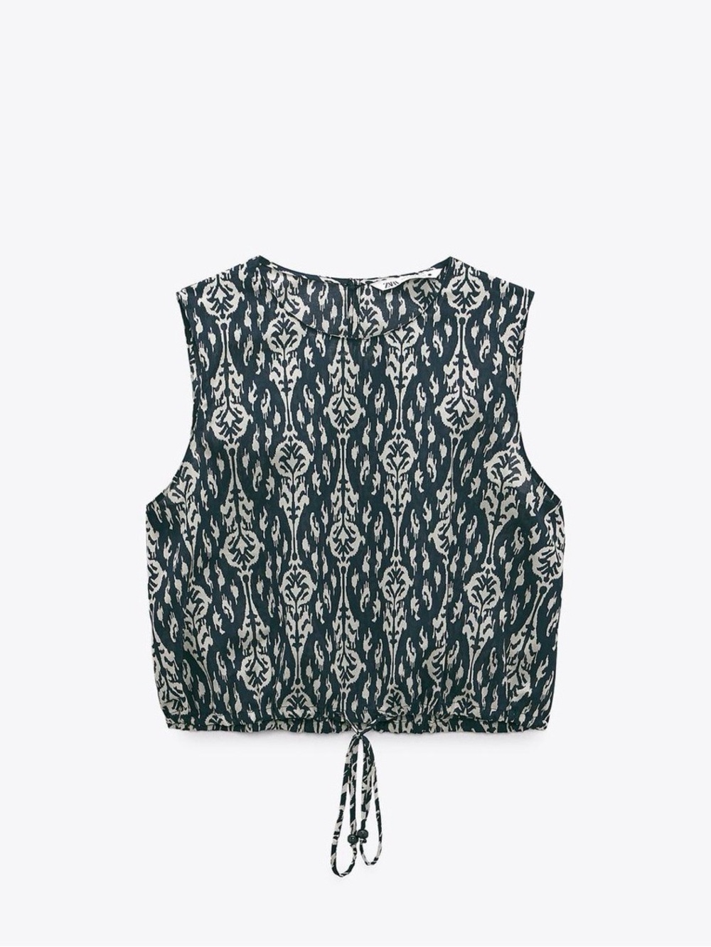 Zara Sleeveless Drawstring Crop Top - Navy  & White Ikat Print